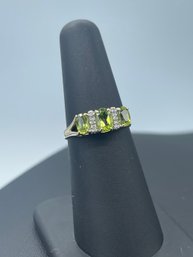 Beautiful 3 Stone Peridot & Multi Diamond Accent Ring In 10k Yellow Gold