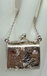 VINTAGE STERLING SILVER ETCHED PURSE ON CHAIN - BOX OR LOCKET