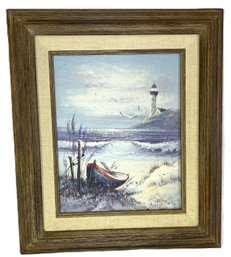 Signed Framed Scenic Lighthouse Oil Painting By Peters
