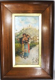 Antique Italian Oil Painting On Wood Panel Of Couple In Cityscape