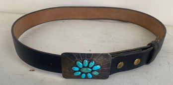 Sterling And Turquoise Belt Buckle And Leather Belt