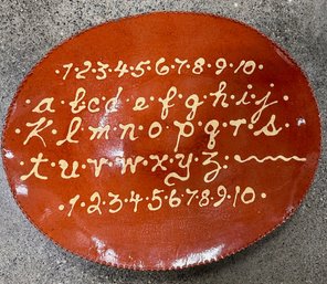 Numbers & Alphabet, Redware Plate, Turtle Creek Pottery, Signed