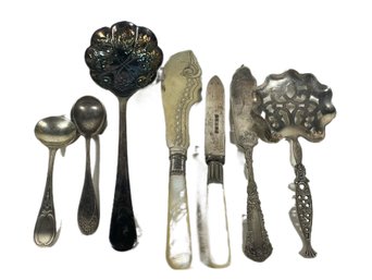 Small Lot Of Victorian Fancy Silver Plated Flatware Butter Knives Spoons Etc.