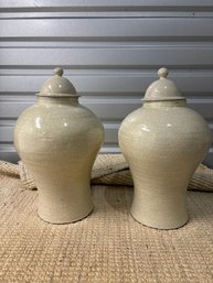 Pair Of XL Vintage Asian Lidded Jars With Crackle Glaze