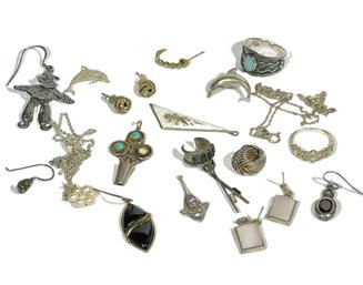 Lot Misc. Sterling Silver Jewelry, Earrings, Single Earrings, Chains, A Ring, Etc.