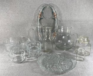 Vintage Serving Glassware - Tanglewood Carafe, Pitchers, Plates, Bowls & Covered Canisters