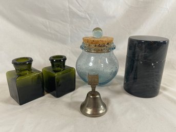 Handmade Mouth Blown Biot Glass Jar With Cork Lid 2 Small Green Jars Marble Container Ellis Island Bell