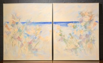 Vintage Dorothy Woodall Abstract Beach Scene Acrylic On Canvas Diptych