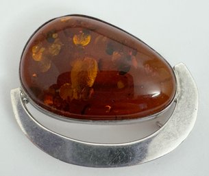 LARGE VINTAGE BALTIC AMBER STERLING SILVER BROOCH OR PENDANT HANDMADE