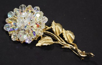 Large Size Gold Tone Costume Flower Brooch Aurora Borealis Crystal Stones