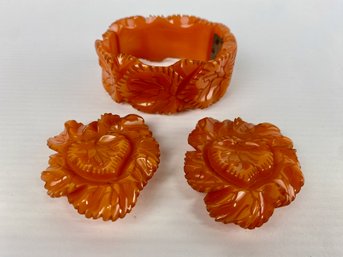 Vintage Orange Bakelite Carved Flower Bracelet And Belt Buckle Set