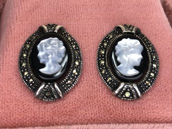 Very Pretty 925 / Sterling Silver - Marcasite & Mother Of Pearl Cameo Earrings - We Also Have Matching Pendant