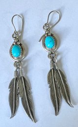 VINTAGE NAVAJO BOBBY JOHNSON STERLING SILVER TURQUOISE FEATHER DANGLE EARRINGS