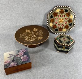 Mosaic Plate & Music Box, Taracea Salinas - Plate Music Box, Jobin Of Switzerland - Hummingbird Box, NC