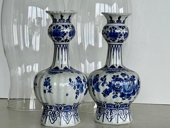 Pair Of Mid 20th Century Royal Delft Blue Vases With Hurricane Shades.