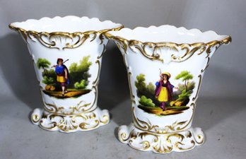 Pair Old Paris Hand Painted Mantle Vases W Figures And Flowers 1860s