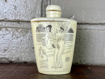 Chinese Etched Bone Erotica Snuff Bottle - Two Risque Scenes