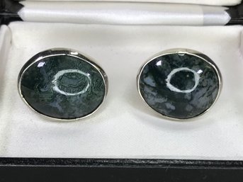 Fantastic Hand Crafted In Oregon - Natural Moss Agate Cuff Links With Highly Polished Stones - Very Nice !