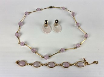 Pink Quartz Earring, Necklace, And Bracelet Set