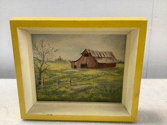 Miniature Signed Painting On Canvas Of A Barn In Yellow Frame