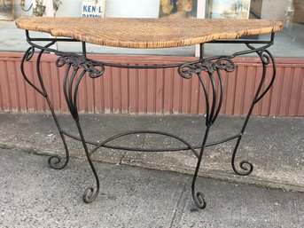 Very Nice Wrought Iron Table With Rattan Top - Nice Iron Scroll Work - Very Nice Table - Use Anywhere !
