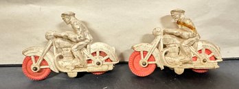 Two Vintage 1950s Auburn Rubber White Police On White Motor Cycle With Red Wheels.  MICB - A3