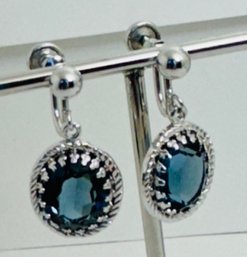 SIGNED DANECRAFT STERLING SILVER BLUE GLASS DANGLE EARRINGS