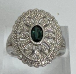 GORGEOUS EMERALD AND DIAMOND STERLING SILVER RING