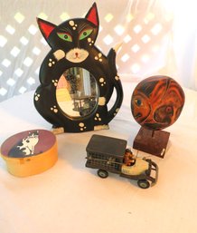 4 Piece Cat Lot With Car, Box, Cat Mirror And Head