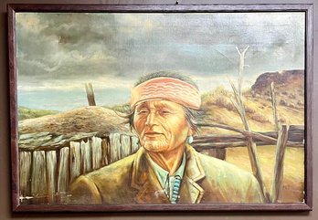 Large Vintage Oil On Canvas Painting - Native American Indian Elder Wearing Pink - Frame 25.75 X 38 - Signed
