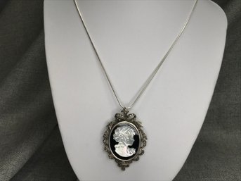 Lovley 925 / Sterling Silver - Marcasite & Mother Of Pearl Cameo Pendant & Necklace - We Also Have Earrings