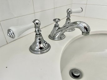 A Pair Of Chrome Wide Spread Sink Faucets With Porcelain Handles And Bath Accessories - J&Jbath