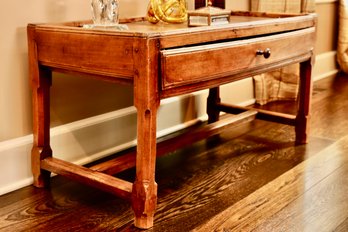 Antique Distressed Wood Plank Lipped  Low Console Table With Drawer And H Stretcher