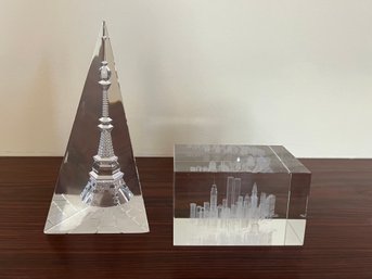 Two Glass Sculptures- Eiffel Towet & New York Skyline With World Trade Center