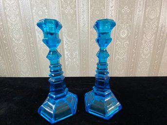 2 Piece Blue Fostoria Tall Candlestick Holders