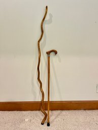 A Polished Gnarled Wood Walking Stick - Polished Wood Cane - Curved Handle