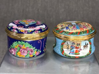 Two Fantastic HALCYON DAYS Enamel Trinket Boxes - Valentines Day 2003 - Christmas 1997 - Both Perfect !