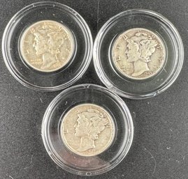 Lot Of 3 Mercury Silver Dimes 1945, 1945-D, 1945-S