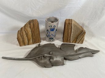 Stone Bookends, Vitnage Handmade Pottery Signed Sue Workman Toscano Feather With FaceHome Decor