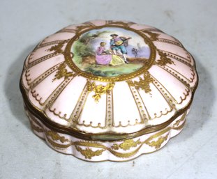 Fine Artist Signed Limoges France Round Dresser Box W Courting Scene