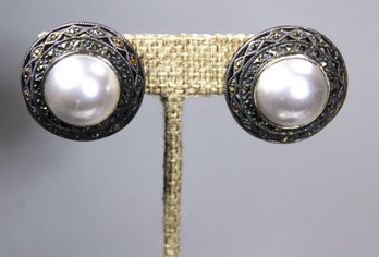 Large Pair Sterling Silver Marcasite Round Earrings Having Faux Pearls