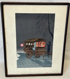 Antique TOKURIKI TOMIKICHIRO Japanese Woodblock- SOBA NOODLE VENDOR