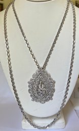 VINTAGE SIGNED CROWN TRIFARI SILVER TONE DOUBLE CHAIN NECKLACE