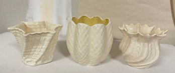 Vintage Belleek Of Ireland 3 Vases Tulip Shape Flower Vase, Limpet & Neptune Pattern Vase1965-1980.Melba-A4