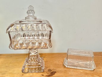Vintage Glass Butter Dish & Jeanette Wedding Glass Candy Dish