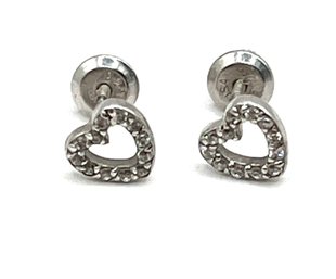 Vintage Sterling Silver Clear Stone Open Heart Stud Earrings