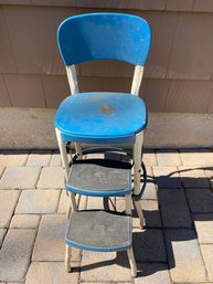 Vintage Blue And White COSCO Metal Kitchen Stool With Hideaway Steps. Made In U.S.A.