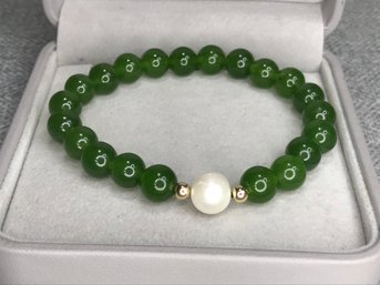 Fabulous Brand New Bead Bracelet - Jade - Genuine Cultured Pearl - 14K Gold Beads - Not Many Left On These !