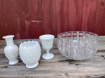 2 Imperial Shoji Milk Glass Vases 1 Goblet And A Cut Glass Crystal Bowl