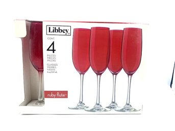 New Old Stock 4 Ruby Flutes By Libbey Glass